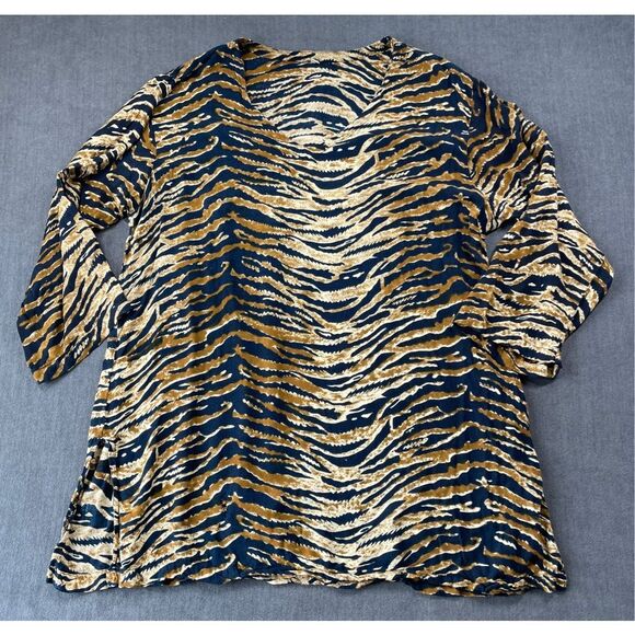 Unknown Tops - Womens Tiger Print V Neck Blouse XL Brown Black Animal Print Long Sleeve Shirt